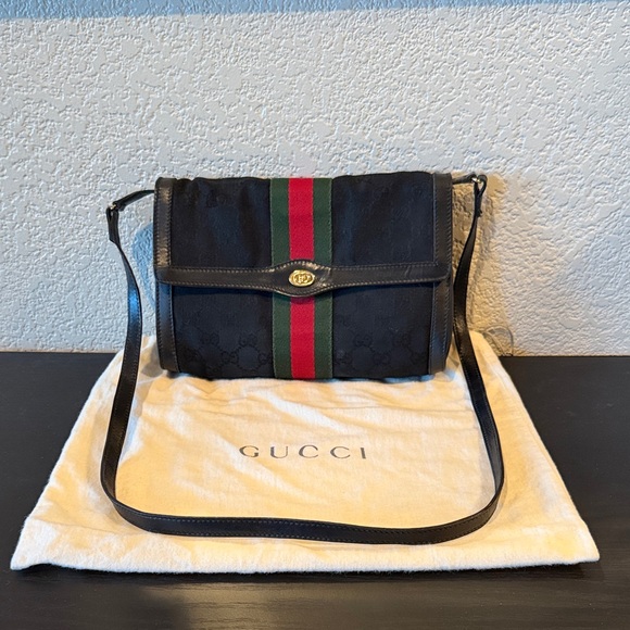 Gucci Black GG Canvas Leather Web Sherry Line Ophedia Convertible Crossbody Bag